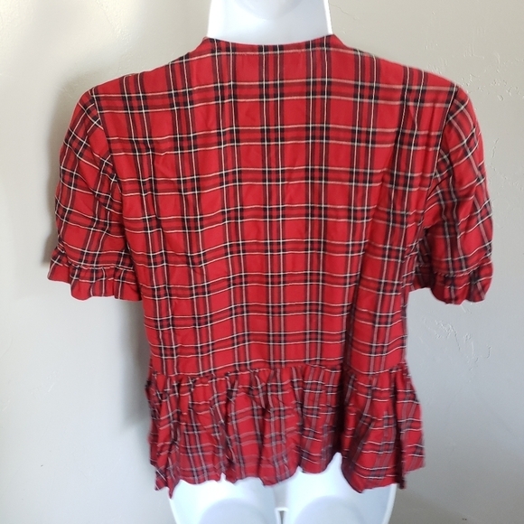 Madewell Red Black Plaid Short Sleeve Peplum Top - Picture 5 of 7